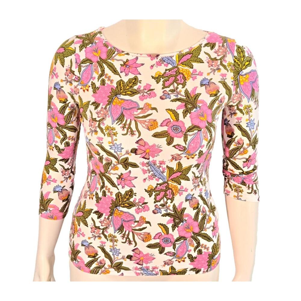 Talbots Knit Top Tee Shirt Women's S Purple Floral Chintz Boat Neck 3/4 Sleeve